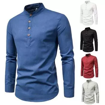 Мужские рубашки M-5XL Повседневная льняная рубашка с длинным рукавом Slim Fit Стенд воротник рубашка Мужчины S чёрный