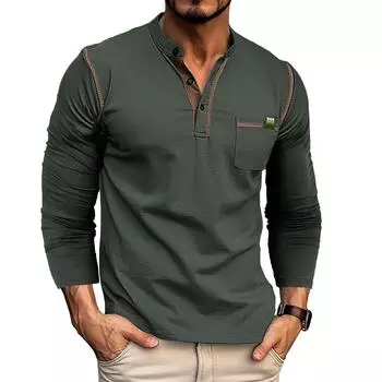 Мужские рубашки на пуговицах с длинными рукавами Хлопковые пуловеры Трикотажные футболки соответствующего цвета Пуговицы Круглый вырез Топы с нагрудными карманами Стильная повседневная мужская одежда S белый