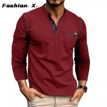 Мужские рубашки на пуговицах с длинными рукавами Хлопковые пуловеры Трикотажные футболки соответствующего цвета Пуговицы Круглый вырез Топы с нагрудными карманами Стильная повседневная мужская одежда S белый