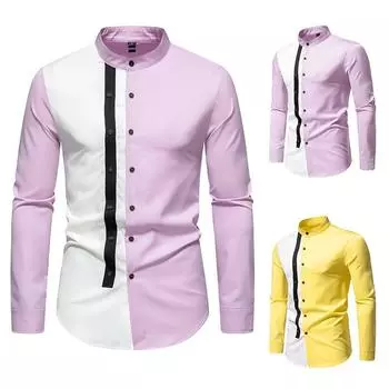 Мужские рубашки Осенние и зимние модели мужских повседневных рубашек с цветными блоками Рубашка с воротником-стойкой в британском стиле S фиолетовый