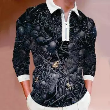 Мужские рубашки поло с длинным рукавом, модная черная футболка с принтом черепа, новая мужская рубашка поло, футболка на молнии с длинными рукавами, топ XS чёрный
