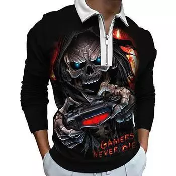 Мужские рубашки поло с длинным рукавом, модная игра с принтом черепа, новая мужская рубашка поло, футболка на молнии с длинными рукавами, топ