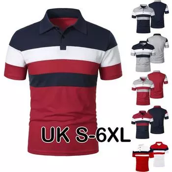 Мужские рубашки поло в полоску Пике с коротким рукавом, окрашенная в пряже футболка, повседневный топ S - 6XL L тёмно-синий/красный