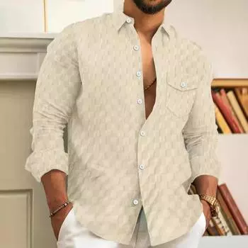 Мужские рубашки повседневного покроя весна-осень, модная клетчатая жаккардовая рубашка с нагрудным карманом и лацканами, длинный рукав XXXL небесно-голубой