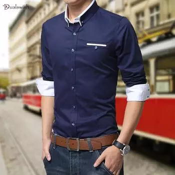 Мужские рубашки против морщин, белая, синяя, однотонная, с длинным рукавом, хлопок в британском стиле M белый