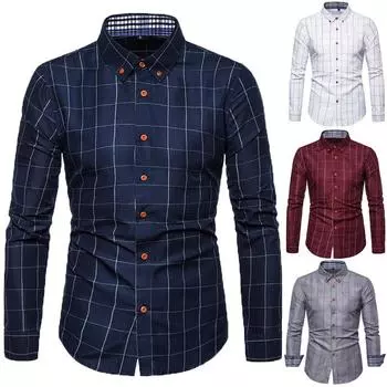 Мужские рубашки с длинным рукавом и пуговицами в клетку с принтом, приталенные повседневные деловые деловые классические рубашки, деловая рабочая рубашка для мужчин, дышащие мягкие рубашки M белый