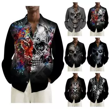 Мужские рубашки с длинным рукавом с принтом, повседневные свободные рубашки с длинным рукавом с принтом XXL чёрный