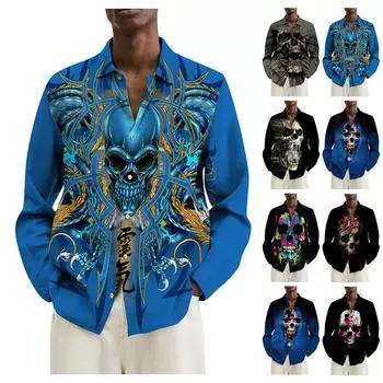 Мужские рубашки с длинным рукавом с принтом, повседневные свободные рубашки с длинным рукавом с принтом XXXL синий