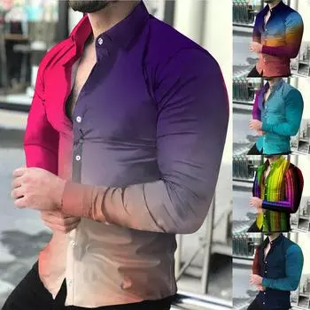 Мужские рубашки с длинным рукавом с принтом, повседневные свободные рубашки с длинным рукавом с принтом L циан