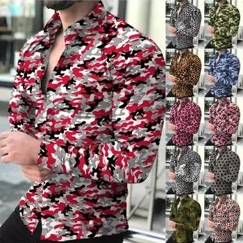 Мужские рубашки с длинным рукавом с принтом, повседневные свободные рубашки с длинным рукавом с принтом L