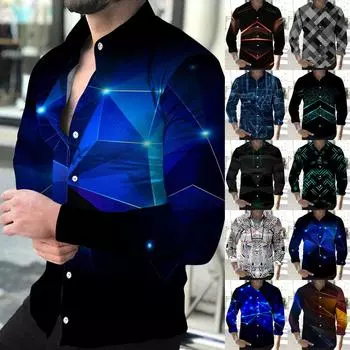 Мужские рубашки с длинным рукавом с принтом, повседневные свободные рубашки с длинным рукавом с принтом XL синий