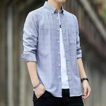 Мужские рубашки с длинным рукавом SlimFit Casual Business, однотонные белые рубашки, клетчатые, полосатые, с отложным воротником M