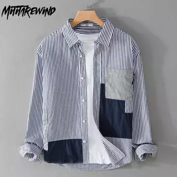 Японский стиль Длинные рукава Мужские рубашки Весна Уличная молодежная повседневная рубашка Сшитая полосатая рубашка Модная мужская одежда M белый
