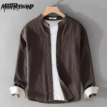 Мужские рубашки с длинным рукавом в стиле ретро из натурального хлопка и льна, удобные однотонные рубашки с воротником-стойкой, повседневные топы на весну и лето M темно-синий