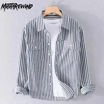 Мужские рубашки с длинным рукавом в стиле Харадзюку, весенняя повседневная рабочая одежда, повседневные рубашки из чистого хлопка, полосатая рубашка с воротником с лацканами и карманами, новый модный мужской топ M синий