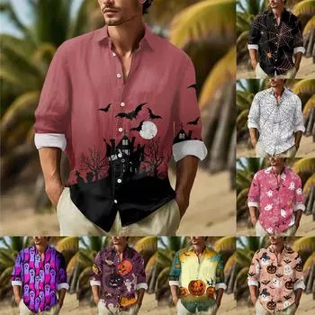 Мужские рубашки с длинными рукавами и пуговицами на Хэллоуин, мужские повседневные модные рубашки с длинными рукавами XXL белый