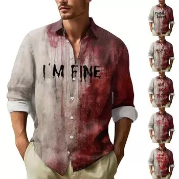 Мужские рубашки с длинными рукавами и пуговицами на Хэллоуин, мужские повседневные модные рубашки с длинными рукавами L винный