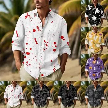 Мужские рубашки с длинными рукавами и пуговицами на Хэллоуин, мужские повседневные модные рубашки с длинными рукавами XXL серый