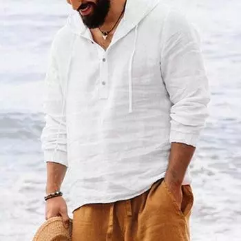 Мужские рубашки с капюшоном, однотонные топы с длинными рукавами, повседневные пуговицы, хлопок и лен, винтажные летние пляжные рубашки XXXL белый