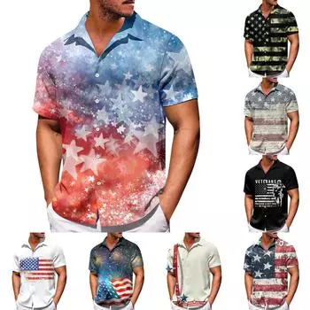 Мужские рубашки с короткими рукавами и пуговицами на День независимости. Мужские повседневные модные рубашки с короткими рукавами. L чёрный
