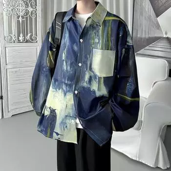 Мужские рубашки с принтом 2025 Весна Мужские свободные повседневные топы с длинным рукавом Готический панк хип-хоп рубашка Уличная одежда Y2k Синие рубашки Harajuku Мужская одежда L красный