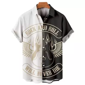 Мужские рубашки с принтом музыкальной гитары, рок-хип-хоп 2025, мужская одежда, рубашка с коротким рукавом для пляжа, уличная социальная винтажная рубашка S
