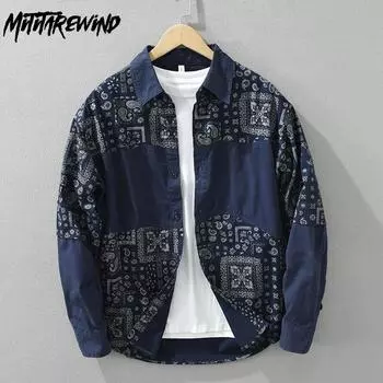 Мужские рубашки с принтом в этническом стиле, праздничная мода, повседневные мужские топы с длинными рукавами, свободные рубашки из чистого хлопка в стиле ретро, уличная молодежная одежда M королевский синий