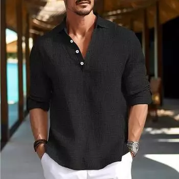 Мужские рубашки с пуговицами на лацканах, весна-осень, топы с длинными рукавами, однотонная офисная блузка, мужской деловой льняной кардиган для собеседования, одежда S чёрный