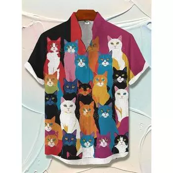 Мужские рубашки с рисунком кошек, рубашка с короткими рукавами и пуговицами на лацканах, летние свободные топы, повседневные гавайские рубашки для отпуска S