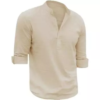 Мужские рубашки с воротником Генри, мягкая повседневная весенняя одежда, однотонная, с длинными рукавами, хлопковая льняная блузка, топы в пляжном стиле на пуговицах S чёрный