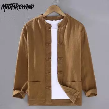 Мужские рубашки в стиле Тан, традиционные даосские рубашки в китайском стиле, весенняя мужская одежда, повседневные мужские топы из хлопка и льна с длинным рукавом M белый