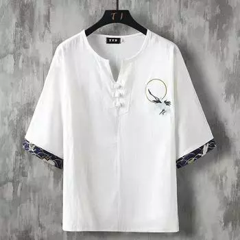 Мужские рубашки в китайском стиле, мужские топы, костюм Тан, льняной костюм с коротким рукавом, однотонные, традиционные, кунг-фу, Китайский тип, рубашка ханьфу, мужские свободные топы 5XL белый