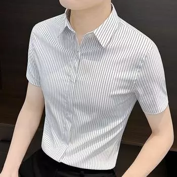 Мужские рубашки в полоску с принтом, мужские деловые рубашки, мужские классические рубашки, рубашка с лацканами, летняя мужская одежда M белый