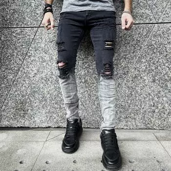 Мужские рваные эластичные джинсы, крутые черные модные джинсы, узкие рваные облегающие брюки в стиле хип-хоп с отверстиями для мужчин, джинсы на молнии, повседневные брюки для вечеринок 32 чёрный