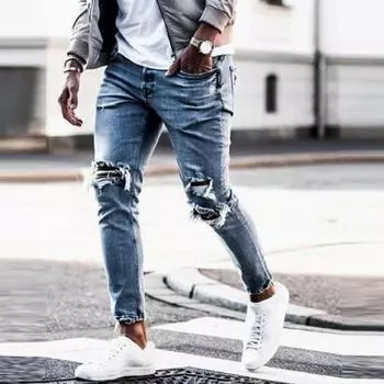 Мужские рваные джинсовые мотоциклетные брюки в стиле хип-хоп, прямые джинсы скинни в стиле панк с потертостями S синий