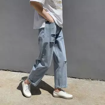 Мужские рваные джинсы в японском стиле ретро, мужские свободные прямые брюки-нищие, весенние легкие и тонкие дышащие укороченные брюки 2XL