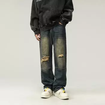 Мужские рваные джинсы Y2K, джинсовые повседневные широкие брюки, прямые брюки в стиле Харадзюку, мешковатые джинсы для мужчин и женщин, уличная одежда, корейская одежда S синий