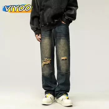 Мужские рваные джинсы Y2K, джинсовые повседневные широкие брюки, прямые брюки в стиле Харадзюку, мешковатые джинсы для мужчин и женщин, уличная одежда, корейская одежда M синий