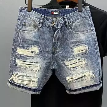 Мужские рваные короткие джинсы, летние модные повседневные джинсовые шорты в стиле SlimRetro 28 синий