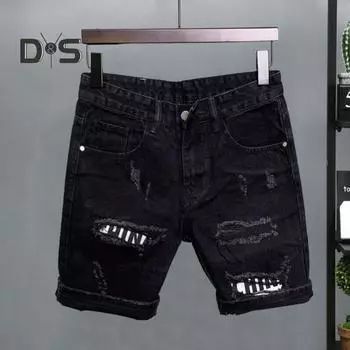 Мужские рваные лоскутные джинсовые шорты на молнии с карманами-мухами, прямые шорты длиной до колена, джинсовые шорты, уличная одежда 32 чёрный