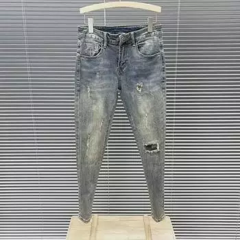 Мужские рваные узкие джинсы — повседневный облегающий крой, слегка эластичный, фасон 9-точечный, на весну и лето 29