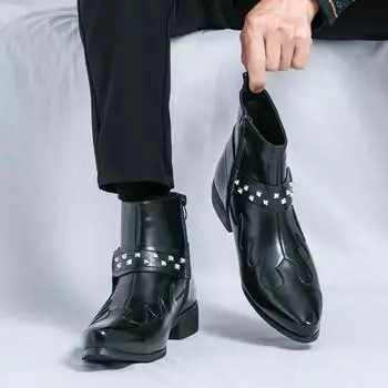 Мужские рыцарские сапоги, модные зимние мужские повседневные ботинки из мягкой кожи, роскошные брендовые ботинки с боковой молнией, ботильоны, без застежек, формальная деловая обувь 38 чёрный