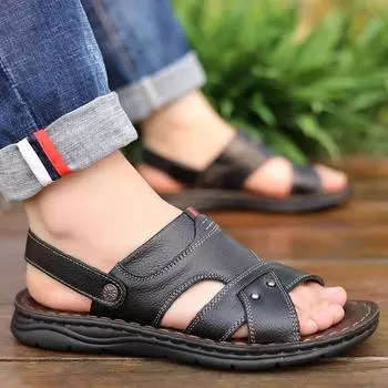 Мужские сандалии 2024 года, летние новые популярные водонепроницаемые нескользящие сандалии из натуральной кожи, тапочки с мягкой подошвой, дышащая повседневная обувь 38 чёрный