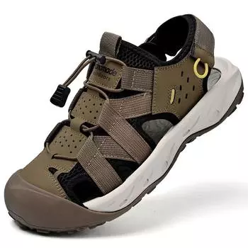 Мужские сандалии 2025 лето дышащая кожа модные уличные повседневные мужские туфли на липучке универсальные нескользящие пляжные туфли 38