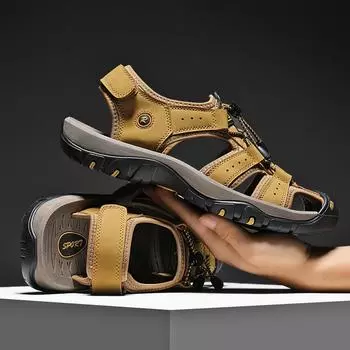 Мужские сандалии большого размера, летние уличные прогулочные повседневные туфли с защитой от столкновений, кожаные походные мужские тапочки, пляжная обувь для прогулок 42