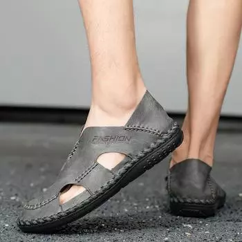 Мужские сандалии черные кожаные кроссовки для походов с закрытым носком, широкие, спортивные, походные, пляжные, серые, ручной работы, сандалии большого размера EU:46 чёрный