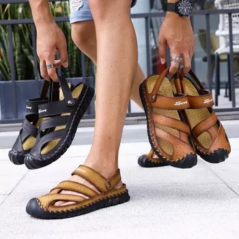 Мужские сандалии, черные кожаные сандалии-гладиаторы, уличные летние римские сандалии для мужчин, пляжная обувь больших размеров EU:45 коричневый