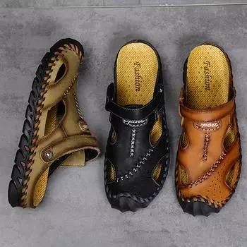 Мужские сандалии, черные кожаные сандалии-гладиаторы, уличные летние римские сандалии для мужчин, пляжная обувь больших размеров EU:45 чёрный