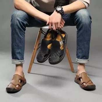 Мужские сандалии, черные кожаные тапочки, летние римские сандалии, широкий носок, пляжная обувь для папы, большие размеры EU:45 чёрный