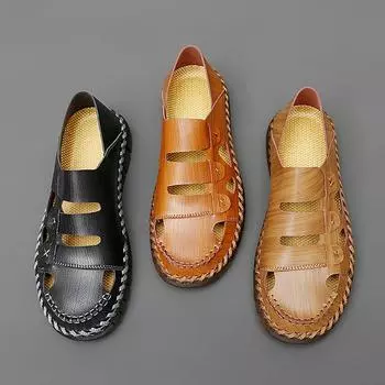 Мужские сандалии, черные кожаные сандалии, летние римские сандалии для папы, пляжная обувь больших размеров EU:45 коричневый